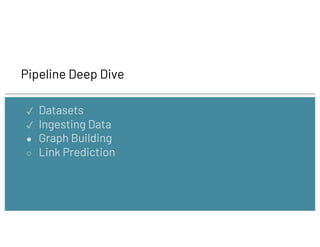 Pipeline Deep Dive
✓ Datasets
✓ Ingesting Data
● Graph Building
○ Link Prediction
 