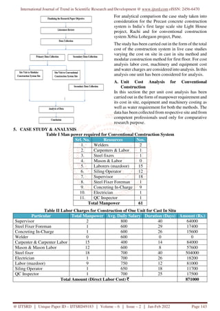 International Journal of Trend in Scientific Research and Development @ www.ijtsrd.com eISSN: 2456-6470
@ IJTSRD | Unique Paper ID – IJTSRD49183 | Volume – 6 | Issue – 2 | Jan-Feb 2022 Page 143
5. CASE STUDY & ANALYSIS
For analytical comparison the case study taken into
consideration for the Precast concrete construction
system is India’s first large scale site Light House
project, Rachi and for conventional construction
system Xrbia Lohegaon project, Pune.
The study has been carried out in the form of the total
cost of the construction system in live case studies
varying the cost on site in cast in situ method and
modular construction method for first floor. For cost
analysis labor cost, machinery and equipment cost
and water charges are considered into analysis. In this
analysis one unit has been considered for analysis.
A. Unit Cost Analysis for Conventional
Construction
In this section the per unit cost analysis has been
carried out in the form of manpower requirement and
its cost in site, equipment and machinery costing as
well as water requirement for both the methods. The
data has been collected from respective site and from
competent professionals used only for comparative
research purpose.
Table I Man power required for Conventional Construction System
Srl. No. Resources Nos.
1. Welders 2
2. Carpenters & Labor 1
3. Steel fixers 1
4. Mason & Labor 0
5. Laborers (mazdoor) 15
6. Siling Operator 12
7. Supervisor 18
8. Steel Fixer Foreman 1
9. Concreting In-Charge 9
10. Electrician 1
11. QC Inspector 1
Total Manpower 61
Table II Labor Charges for Construction of One Unit for Cast In Situ
Particular Total Manpower Avg. Daily Salary Duration (Days) Amount (Rs.)
Supervisor 2 800 40 64000
Steel Fixer Foreman 1 600 29 17400
Concreting In-Charge 1 600 26 15600
Welder 0 600 0 0
Carpenter & Carpenter Labor 15 400 14 84000
Mason & Mason Labor 12 600 8 57600
Steel fixer 18 700 40 504000
Electrician 1 700 26 18200
Labor (mazdoor) 9 750 12 81000
Siling Operator 1 650 18 11700
QC Inspector 1 700 25 17500
Total Amount (Direct Labor Cost) ` 871000
 
