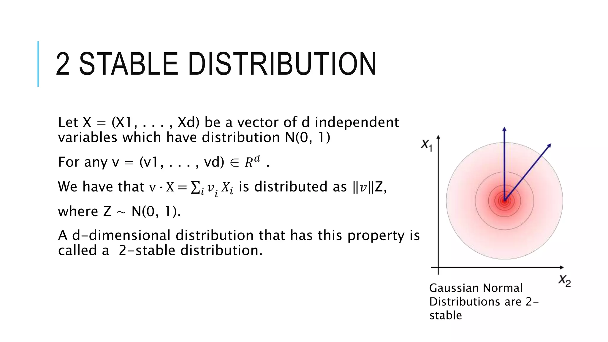 2 STABLE DISTRIBUTION
Let X = (X1, . . . , Xd) be a vector of d independent
variables which have distribution N(0, 1)
For any v = (v1, . . . , vd) ∈ 𝑅𝑑
.
We have that v · X = 𝑖 𝑣𝑖
𝑋𝑖 is distributed as 𝑣 Z,
where Z ∼ N(0, 1).
A d-dimensional distribution that has this property is
called a 2-stable distribution.
Gaussian Normal
Distributions are 2-
stable
 