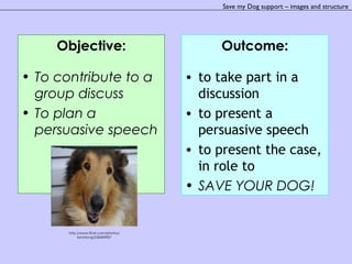 Objective:
• To contribute to a
group discuss
• To plan a
persuasive speech
Outcome:
• to take part in a
discussion
• to present a
persuasive speech
• to present the case,
in role to
• SAVE YOUR DOG!
http://www.flickr.com/photos/
kevinlong/256060907
Save my Dog support – images and structure
 