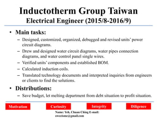 Integrity DiligenceCuriosityMotivation
Inductotherm Group Taiwan
Electrical Engineer (2015/8-2016/9)
• Main tasks:
– Designed, customized, organized, debugged and revised units’ power
circuit diagrams.
– Drew and designed water circuit diagrams, water pipes connection
diagrams, and water control panel single wires.
– Verified units’ components and established BOM.
– Calculated induction coils.
– Translated technology documents and interpreted inquiries from engineers
or clients to find the solutions.
• Distributions:
– Save budget, let melting department from debt situation to profit situation.
Name: Yeh, Chuan Ching E-mail:
oweeisme@gmail.com
 