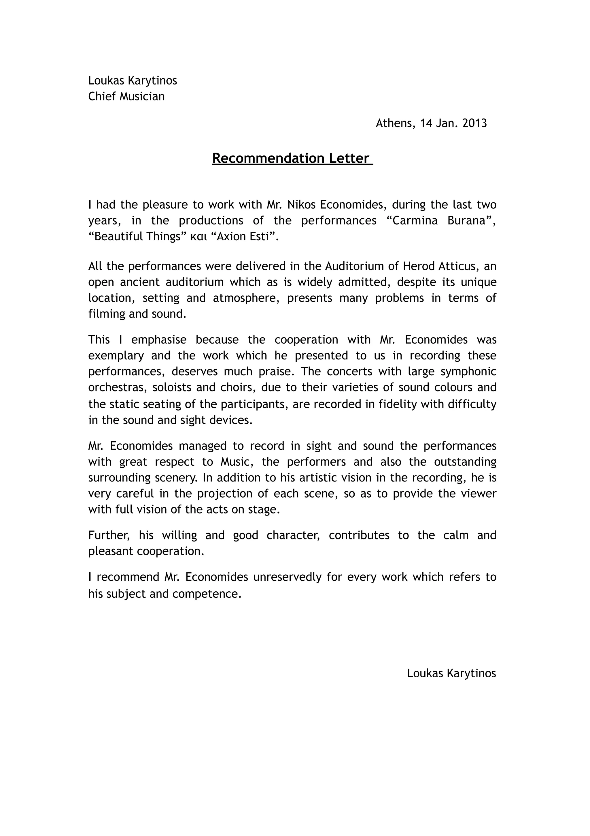 Recommendation Letter by conductor Lucas Karytinos | PDF