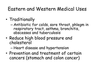Eastern and Western Medical Uses
• Traditionally
– Antibiotic for colds, sore throat, phlegm in
respiratory tract, asthma, bronchitis,
abscesses and tuberculosis
• Reduce high blood pressure and
cholesterol
– Heart disease and hypertension
• Prevention and treatment of certain
cancers (stomach and colon cancer)
 