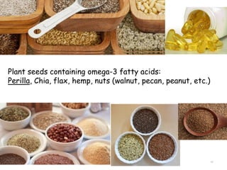 Plant seeds containing omega-3 fatty acids:
Perilla, Chia, flax, hemp, nuts (walnut, pecan, peanut, etc.)
40
 