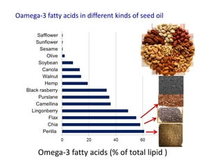 Oamega-3 fatty acids in different kinds of seed oil
Omega-3 fatty acids (% of total lipid )
 