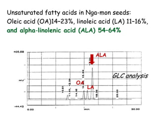 Unsaturated fatty acids in Nga-mon seeds:
Oleic acid (OA)14–23%, linoleic acid (LA) 11–16%,
and alpha-linolenic acid (ALA) 54–64%
LA
ALA
OA
GLC analysis
 