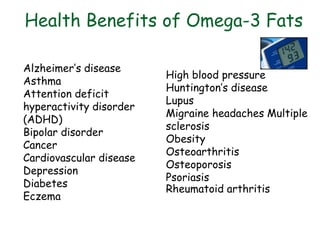 Health Benefits of Omega-3 Fats
Alzheimer’s disease
Asthma
Attention deficit
hyperactivity disorder
(ADHD)
Bipolar disorder
Cancer
Cardiovascular disease
Depression
Diabetes
Eczema
High blood pressure
Huntington’s disease
Lupus
Migraine headaches Multiple
sclerosis
Obesity
Osteoarthritis
Osteoporosis
Psoriasis
Rheumatoid arthritis
 