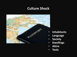 Culture Shock
• Inhabitants
• Language
• Society
• Dwellings
• Attire
• Tools
 