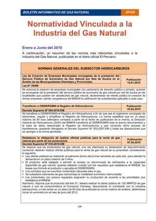 -24-
BOLETÍN INFORMATIVO DE GAS NATURAL BOLETÍ
N
INFORM
ATIVO
DE GAS
NATURA
L
GFGN
Normatividad Vinculada a la
Industria del Gas Natural
Enero a Junio del 2010
A continuación, un resumen de las normas más relevantes vinculadas a la
Industria del Gas Natural, publicadas en el diario oficial El Peruano:
NORMAS GENERALES DEL SUBSECTOR HIDROCARBUROS
Ley de Creación de Empresas Municipales encargadas de la prestación del
Servicio Público de Suministro de Gas Natural por Red de Ductos en el
Ámbito de las Municipalidades Distritales y Provinciales
Publicación
14.01.2010
Ley N° 29496
Se autoriza la creación de empresas municipales con personería de derecho público o privado, quienes
se encargarán de la prestación del servicio público de suministro de gas natural por red de ductos en las
localidades que puedan ser abastecidas de gas natural, declarándose de interés público la creación de
dichas empresas, siendo competencia del MINEM la calificación de subsidiaridad aplicable a cada caso.
Transfieren a OSINERGMIN el Registro de Hidrocarburos Publicación
03.02.2010
Decreto Supremo Nº 004-2010-EM
Se transfiere a OSINERGMIN el Registro de Hidrocarburos a fin de que sea el organismo encargado de
administrar, regular y simplificar el Registro de Hidrocarburos. La norma establece que en un plazo
máximo de 90 días calendario contados a partir de la fecha de publicación de la misma, la Dirección
General de Hidrocarburos (DGH) del MINEM transferirá al OSINERGMIN todo el acervo documentario y
la base de datos relacionada al Registro de Hidrocarburos y que concluido dicho proceso de
transferencia, quedarán derogados el Decreto Supremo Nº 003-2007-EM y todas las disposiciones que
se opongan a la norma aprobada.
Establecen la obligación de realizar ofertas públicas para la venta de gas
natural por parte de los productores
Publicación
07.04.2010
Decreto Supremo Nº 018-2010-EM
Se dispone que los productores de gas natural, una vez efectuada su declaración de descubrimiento
comercial, deberán realizar ofertas públicas para la venta de gas natural de su propiedad, considerando
lo siguiente:
 Las ofertas públicas se realizarán anualmente dentro del primer semestre de cada año, para atender la
demanda en un plazo máximo de 3 años.
 El productor está obligado a permitir el acceso no discriminado de solicitantes a la capacidad
disponible de gas natural, quienes deberán cumplir con los requisitos que establezca el MINEM, las
bases que formule el productor y apruebe el OSINERGMIN.
 Los contratos que se suscriban contendrán cláusulas take or pay.
 Se subastará volúmenes de gas natural bajo la modalidad suministro interrumpible.
 Los productores con precios regulados asignarán su producción de acuerdo a las prioridades que
establezca el MINEM.
Asimismo, dispone que el productor del lote 57, deberá realizar la oferta pública de 155 MMPCD de gas
natural a que se comprometiera el Consorcio Camisea, descontando lo contratado con la industria
petroquímica, a más tardar en un plazo de 60 días de publicada la norma materia de análisis, debiéndose
iniciar el suministro en el mes de junio del 2012.
 