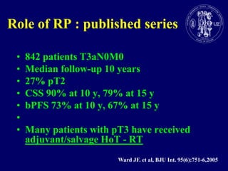 Role of RP : published series842 patients T3aN0M0Median follow-up 10 years27% pT2CSS 90% at 10 y, 79% at 15 ybPFS 73% at 10 y, 67% at 15 yMany patients with pT3 have received adjuvant/salvage HoT - RTWard JF. et al, BJU Int. 95(6):751-6,2005 