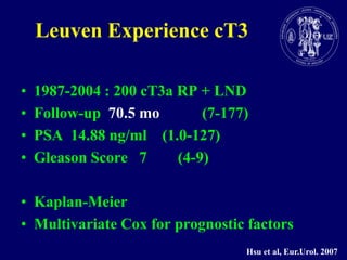 Leuven Experience cT31987-2004 : 200 cT3a RP + LNDFollow-up  70.5 mo           (7-177)PSA  14.88 ng/ml    (1.0-127)Gleason Score   7        (4-9)Kaplan-MeierMultivariate Cox forprognostic factorsHsu et al, Eur.Urol. 2007