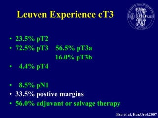 Leuven Experience cT323.5% pT272.5% pT3    56.5% pT3a 16.0% pT3b  4.4% pT4  8.5% pN133.5% postivemargins56.0% adjuvantorsalvagetherapyHsu et al, Eur.Urol.2007