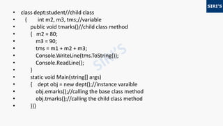 • class dept:student//child class
• { int m2, m3, tms;//variable
• public void tmarks()//child class method
• { m2 = 80;
• m3 = 90;
• tms = m1 + m2 + m3;
• Console.WriteLine(tms.ToString());
• Console.ReadLine();
• }
• static void Main(string[] args)
• { dept obj = new dept();//instance varaible
• obj.emarks();//calling the base class method
• obj.tmarks();//calling the child class method
• }}}
 