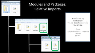 Modules and Packages:
Relative Imports
If Theorem.py
wants to call
Point-docstrings.py,
you can say:
from
..Point-docstrings.py
import
Point
 