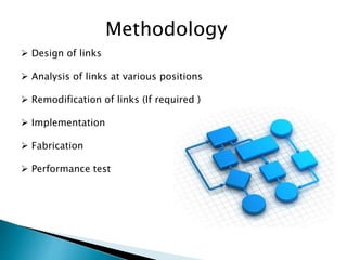 Methodology
 Design of links
 Analysis of links at various positions
 Remodification of links (If required )
 Implementation
 Fabrication
 Performance test
 