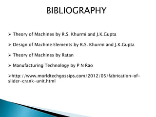 BIBLIOGRAPHY
 Theory of Machines by R.S. Khurmi and J.K.Gupta
 Design of Machine Elements by R.S. Khurmi and J.K.Gupta
 Theory of Machines by Ratan
 Manufacturing Technology by P N Rao
http://www.morldtechgossips.com/2012/05/fabrication-of-
slider-crank-unit.html
 
