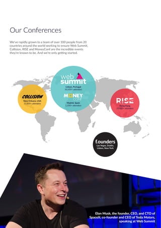 Lisbon, Portugal
50,000+ attendees
Madrid, Spain
1,500+ attendees
New Orleans, USA
11,000+ attendees
Our Conferences
We’ve rapidly grown to a team of over 100 people from 20
countries around the world working to ensure Web Summit,
Collision, RISE and MoneyConf are the incredible events
they’re known to be. And we’re only getting started.
Elon Musk, the founder, CEO, and CTO of
SpaceX; co-founder and CEO of Tesla Motors,
speaking at Web Summit
Hong Kong
10,000+ attendees
Las Vegas, Dublin,
Lisbon, New York
 