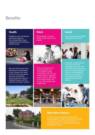 Benefits
Health
Healthcare cover | Employee
Assistance Program |
Gym membership | Yoga |
Subsidised personal training |
Healthy snacks
Work
Private garden | In-house
barista | Crash-pad for new
starters
Social
Trips abroad | Summer BBQs |
Tag Rugby | Onsite talks
We cover all the bases from
keeping your mind healthy
to your stomach full. Avail
of free on-site yoga classes,
free gym membership,
twice-weekly spinning and
kettlebell classes, and free
healthy lunch/dinner options.
We’ve converted an old
tramway station into
an incredible working
environment, with our own
orchard, library, vegetable
garden, dog run, bike house
and in-house barista. All
in one of the world’s most
livable cities.
Employees at Web Summit
don’t work with their
colleagues, they work with
their friends. From pizza and
beers on Fridays during the
winter to weekly BBQs in
summer, to tag rugby and
trips abroad, you’ll make
friends that should last a
lifetime.
Relocation Support
If you’re coming from abroad, we’ll provide
accommodation in Dublin during your first months
to make your transition smooth. We have a
beautiful house in an unbeatable location with
everything you need.
 