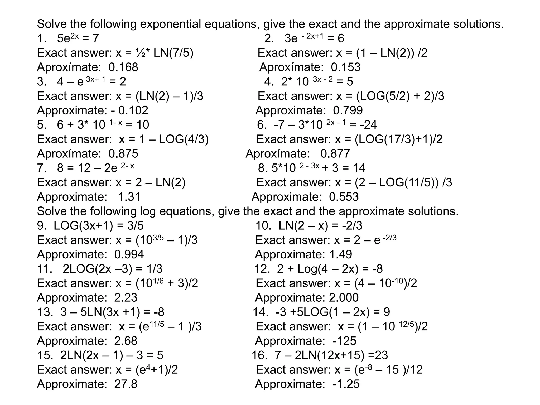 Solve the following exponential equations, give the exact and the approximate solutions.
1. 5e2x = 7 2. 3e - 2x+1 = 6
Exact answer: x = ½* LN(7/5) Exact answer: x = (1 – LN(2)) /2
Aproxímate: 0.168 Aproxímate: 0.153
3. 4 – e 3x+ 1 = 2 4. 2* 10 3x - 2 = 5
Exact answer: x = (LN(2) – 1)/3 Exact answer: x = (LOG(5/2) + 2)/3
Approximate: - 0.102 Approximate: 0.799
5. 6 + 3* 10 1- x = 10 6. -7 – 3*10 2x - 1 = -24
Exact answer: x = 1 – LOG(4/3) Exact answer: x = (LOG(17/3)+1)/2
Aproxímate: 0.875 Aproxímate: 0.877
7. 8 = 12 – 2e 2- x 8. 5*10 2 - 3x + 3 = 14
Exact answer: x = 2 – LN(2) Exact answer: x = (2 – LOG(11/5)) /3
Approximate: 1.31 Approximate: 0.553
Solve the following log equations, give the exact and the approximate solutions.
9. LOG(3x+1) = 3/5 10. LN(2 – x) = -2/3
Exact answer: x = (103/5 – 1)/3 Exact answer: x = 2 – e -2/3
Approximate: 0.994 Approximate: 1.49
11. 2LOG(2x –3) = 1/3 12. 2 + Log(4 – 2x) = -8
Exact answer: x = (101/6 + 3)/2 Exact answer: x = (4 – 10-10)/2
Approximate: 2.23 Approximate: 2.000
13. 3 – 5LN(3x +1) = -8 14. -3 +5LOG(1 – 2x) = 9
Exact answer: x = (e11/5 – 1 )/3 Exact answer: x = (1 – 10 12/5)/2
Approximate: 2.68 Approximate: -125
15. 2LN(2x – 1) – 3 = 5 16. 7 – 2LN(12x+15) =23
Exact answer: x = (e4+1)/2 Exact answer: x = (e-8 – 15 )/12
Approximate: 27.8 Approximate: -1.25
 