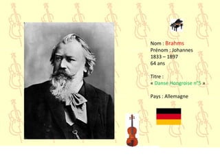 Nom : Brahms
Prénom : Johannes
1833 – 1897
64 ans
Titre :
« Danse Hongroise n°5 »
Pays : Allemagne
 