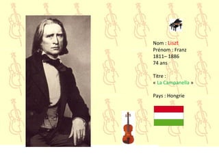 Nom : Liszt
Prénom : Franz
1811– 1886
74 ans
Titre :
« La Campanella »
Pays : Hongrie
 