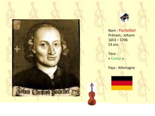 Nom : Pachelbel
Prénom : Johann
1653 – 1706
53 ans
Titre :
« Canon »
Pays : Allemagne
 