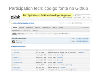 Participation tech: código fonte no Github http://github.com/wikimedia/wikipedia-iphone 