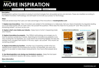 Divergence


  MORE INSPIRATION
  How to use:   individual / group   open / closed problems   products / services

Description:
MoreInspiration gathers innovations in products and technologies from all possible sectors and domains. These are classified according to
the CREAX innovation methodology and will inspire to innovate your product or technology.

Steps:
There are several ways that users can take advantage of the innovations in moreinspiration.com

1. Explore new innovations - New innovations are added to the database on a daily basis. Get your dose of inspiration by regularly reading
up on the latest entries with an open mind. Ask yourself the questions “What does this mean for my product?” and “Why would I do
something similar?” as much as you can.

2. Explore what’s new inside your industry - Keep track of what’s happening inside
your industry.

3. Explore innovations by property - The CREAX methodology encourages you to
look for solutions outside your industry. Searching for innovations by property is one
way of doing this. For example, you could search for everything flexible and see why
people have changed their solution in this way. Again, ask yourself “Why would I do
something similar?”.

4. Explore innovations by function - Another way of exploring outside what you
already know is search for innovations by function. For example, you want your
product to be able to make simple measurements, how have other people done
this?

5. Use MoreInspiration.com during your brainstorm sessions - Keep the tool open
during your brainstorm sessions. Be curious, explore, have fun!

More information:
http://www.moreinspiration.com/


   16                                                                                                                    CreativityToday.net
 