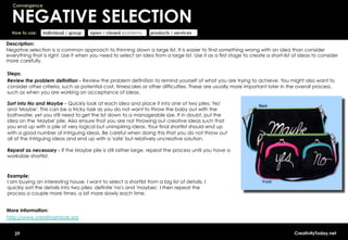 Convergence


  NEGATIVE SELECTION
  How to use:   individual / group    open / closed problems      products / services

Description:
Negative selection is a common approach to thinning down a large list. It is easier to find something wrong with an idea than consider
everything that is right. Use it when you need to select an idea from a large list. Use it as a first stage to create a short-list of ideas to consider
more carefully.

Steps:
Review the problem definition - Review the problem definition to remind yourself of what you are trying to achieve. You might also want to
consider other criteria, such as potential cost, timescales or other difficulties. These are usually more important later in the overall process,
such as when you are working on acceptance of ideas.

Sort into No and Maybe - Quickly look at each idea and place it into one of two piles: 'No'
and 'Maybe'. This can be a tricky task as you do not want to throw the baby out with the
bathwater, yet you still need to get the list down to a manageable size. If in doubt, put the
idea on the 'Maybe' pile. Also ensure that you are not throwing out creative ideas such that
you end up with a pile of very logical but uninspiring ideas. Your final shortlist should end up
with a good number of intriguing ideas. Be careful when doing this that you do not throw out
all of the intriguing ideas and end up with a 'safe' but relatively uncreative solution.

Repeat as necessary - If the Maybe pile is still rather large, repeat the process until you have a
workable shortlist.



Example:
I am buying an interesting house. I want to select a shortlist from a big list of details. I
quickly sort the details into two piles: definite 'no's and 'maybes'. I then repeat the
process a couple more times, a bit more slowly each time.


More information:
http://www.creatingminds.org


   29                                                                                                                              CreativityToday.net
 
