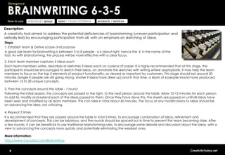 Divergence


  BRAINWRITING 6-3-5
  How to use:   individual / group   open / closed problems   products / services

Description:
A creativity tool aimed to address the potential deficiencies of brainstorming (uneven participation and
verbally led) by encouraging participation from all, with an emphasis on sketching of ideas.
Steps:
1. Establish team & Define scope and purpose
A good size team for brainwriting is between 3 to 8 people - 6 is about right, hence the '6' in the name of the
tool. As with brainstorming, the process will be more effective with a clear focus.

2. Each team member captures 3 ideas each
Each team members writes, describes or sketches 3 ideas each on a piece of paper. It is highly recommended that at this stage, the
participants should be encouraged to sketch their ideas, an annotate the sketches with writing where appropriate. It may help the team
members to focus on the top 5 elements of product functionality, as viewed as important by customers. This stage should last around 30
minutes (longer if people are still going strong, shorter if ideas have dried up) and in that time, a team of 6 people should have produced
between 15 to 30 unique concepts.

3. Pass the concepts around the table - 1 round
Following the initial session, the concepts are passed to the right, to the next person around the table. Allow 10-15 minutes for each person
to add to, modify and extend each of the ideas passed to them. Once they have done this, the sheets are passed on until all ideas have
been seen and modified by all team members. This can take in total about 60 minutes. The focus of any modifications to ideas should be
on advancing the idea, not criticising.

4. Repeat 5 times
It is recommended that they are passed around the table in total 5 times, to encourage combination of ideas, refinement and
development of concepts. This can be laborious, and the rounds should be spaced out in time to prevent the team becoming stale. After
a few rounds, it can be beneficial to use traditional brainstorming rules, to encourage some debate and discussion about the ideas, with a
view to advancing the concepts more quickly and potentially eliminating the weakest ones.

More information:
http://www.mycoted.com/Brainwriting


   8                                                                                                                       CreativityToday.net
 