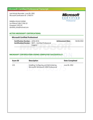 ID: 2706375
Last Activity Recorded : June 06, 2002
Microsoft Certification ID : 2706375
DANIELA SILVA CHONG
Las Riberas Calle 5 Villa 10
Guayaquil, 1025 EC
danielita_silva@hotmail.com
ACTIVE MICROSOFT CERTIFICATIONS:
Microsoft Certified Professional
MICROSOFT CERTIFICATION EXAMS COMPLETED SUCCESSFULLY:
Certification Number : A766-8156 06/06/2002Achievement Date :
Certification/Version : MCP -- Certified Professional
﴾Legacy﴿
Exam ID Description Date Completed
210 Installing, Configuring, and Administering
Microsoft® Windows® 2000 Professional
June 06, 2002
 
