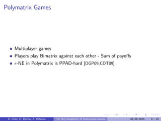 Reduction from Polymatrix Games
X. Chen, D. Durfee, A. Orfanou On the Complexity of Anonymous Games 06/16/2015 8 / 16
 