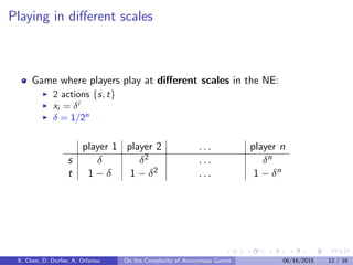 The Reduction
Embed Polymatrix payoﬀs in an Anonymous game
Anonymous game s.t. in NE X expected payoﬀs of Player i compare:
2x1 + 1x2 + . . . + 2xn vs 3x1 + 2x2 + . . . + 5xn
But: Expected payoﬀs in Anonymous - Symmetric Polynomials of X
 “break” the symmetries: approximate xi by Prob[k]
X. Chen, D. Durfee, A. Orfanou On the Complexity of Anonymous Games 06/16/2015 11 / 16
 