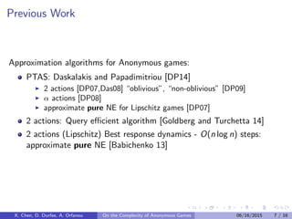Previous Work
Approximation algorithms for Anonymous games:
PTAS: Daskalakis and Papadimitriou [DP14]
2 actions [DP07,Das08] “oblivious”, “non-oblivious” [DP09]
α actions [DP08]
approximate pure NE for Lipschitz games [DP07]
2 actions: Query eﬃcient algorithm [Goldberg and Turchetta 14]
2 actions (Lipschitz) Best response dynamics - O(n log n) steps:
approximate pure NE [Babichenko 13]
X. Chen, D. Durfee, A. Orfanou On the Complexity of Anonymous Games 06/16/2015 7 / 16
 