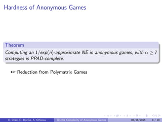 Hardness of Anonymous Games
Theorem
Computing an 1/exp(n)-approximate NE in anonymous games, with α ≥ 7
strategies is PPAD-complete.
 