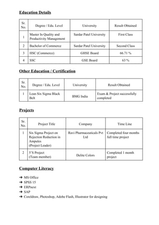 Education Details
Sr. 
No.  Degree / Edu. Level  University   Result Obtained 
1 
Master In Quality and 
Productivity Management 
Sardar Patel University  First Class 
2  Bachelor of Commerce  Sardar Patel University  Second Class 
3  HSC (Commerce)  GHSE Board  66.71 % 
4  SSC   GSE Board  63 % 
Other Education / Certification
Sr. 
No.  Degree / Edu. Level  University   Result Obtained 
1  Lean Six Sigma Black 
Belt  BMG India 
Exam & Project successfully 
completed 
 
Projects
Sr. 
No.  Project Title  Company  Time Line 
1  Six Sigma Project on 
Rejection Reduction in 
Ampules 
(Project Leader) 
Ravi Pharmaceuticals Pvt 
Ltd 
Completed four months 
full time project 
2  5’S Project  
(Team member)  Delite Colors 
Completed 1 month 
project 
Computer Literacy
➔ MS Office 
➔ SPSS 15 
➔ ERPnext 
➔ SAP 
➔ Coreldraw, Photoshop, Adobe Flash, Illustrator for designing 
 