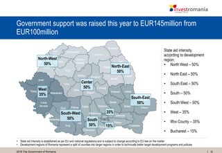 162016 The Government of Romania
Government support was raised this year to EUR145million from
EUR100million
North-West
50%
West
35%
North-East
50%
Center
50%
South-East
50%
South-West
50% South
50% 15%
35%
State aid intensity,
according to development
region:
• North West – 50%
• North East – 50%
• South East – 50%
• South – 50%
• South West – 50%
• West – 35%
• Ilfov County – 35%
• Bucharest – 15%
• State aid intensity is established as per EU and national regulations and is subject to change according to EU law on the matter
• Development regions of Romania represent a split of counties into larger regions in order to technically better target development programs and policies
 