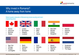 182016 The Government of Romania
Why invest in Romania?
A home away from home
Select expats networks in Romania by home country and main
originating cities
Sources: InterNations, InvestRomania
• Toronto
• Vancouver
• Montreal
• Ottawa
• London
• Birmingham
• Glasgow
• Liverpool
• Rome
• Milan
• Turin
• Genoa
• New Delhi
• Mumbai
• Kolkata
• Bangalore
• Warsaw
• Katowice
• Krakow
• Lodz
• New York
• Chicago
• Houston
• Los Angeles
• Berlin
• Hamburg
• Munich
• Cologne
• Paris
• Marseille
• Lyon
• Lille
• Madrid
• Barcelona
• Valencia
• Seville
• Amsterdam
• Rotterdam
• The Hague
 