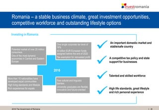202016 The Government of Romania
Romania – a stable business climate, great investment opportunities,
competitive workforce and outstanding lifestyle options
2016
Investing in Romania
An important domestic market and
stable/safe country
A competitive tax policy and state
support for businesses
Talented and skilled workforce
High life standards, great lifestyle
and rich personal experience
Potential market of over 20 million
consumers
One of the most dynamic
economies in Central and Eastern
Europe
More than 10 nationalities have
developed expat communities
High living standards and lifestyle
Rich experiences for expats
Few cultural and linguistic
barriers
University graduates are flexible,
innovative and future-oriented
One single corporate tax level of
16%
43 billion EUR European funds
assigned before the end of 2020
Tax exemption for reinvested profit
 
