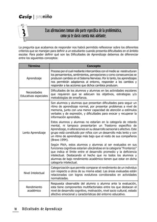 Dificultades de Aprendizaje10
Término Concepto
Aprendizaje
Proceso por el cual mediante intercambios con el medio se reestructuran
los pensamientos, sentimientos, percepciones y como consecuencias se
producen cambios en el Sistema Nervioso. Por lo tanto, los aprendizajes
nos permitirán adaptarnos al entorno, responder a los cambios y
responder a las acciones que dichos cambios producen.
Necesidades
Educativas especiales
Diﬁcultades de los alumnos y alumnas en las actividades escolares
que requieren que se adecuen los objetivos, estrategias y/o
metodologías de enseñanza.
Lento Aprendizaje
Son alumnos y alumnas que presentan diﬁcultades para seguir un
ritmo de aprendizaje normal, por presentar problemas a nivel de
memoria, junto con una menor capacidad de atención a estímulos
verbales y de expresión, y diﬁcultades para evocar y recuperar la
información aprendida.
Estos alumnos y alumnas no estarían en la categoría de retardo
mental, ni tampoco presentarían un Trastorno especíﬁco de
Aprendizaje, ni alteraciones en su desarrollo sensorial o afectivo. Este
grupo está constituido por niños con un desarrollo más lento y con
un ritmo de aprendizaje más bajo que el resto de sus compañeros
(Bravo 1994).
Según Pilch, estos alumnos y alumnas al ser evaluados en sus
funciones cognitivas estarían ubicándose en la categoría “Fronterizo”
que indica el límite entre el desarrollo promedio y la deﬁciencia
intelectual. Destacando el hecho que no todos los alumnos y
alumnas de bajo rendimiento académico tienen que estar en dicha
categoría intelectual.
Nivel Intelectual
Categorización que permite comparar el rendimiento de un individuo
con respecto a otros de su misma edad. Las áreas evaluadas están
relacionadas con logros evolutivos corroborados en actividades
normalizadas.
Rendimiento
académico
Respuesta observable del alumno o alumna ante la evaluación,
esta tiene componentes multifactoriales entre los que destacan el
nivel de desarrollo cognitivo, motivación, nivel socio cultural, estado
afectivo emocional y características del entorno educativo.
Esas afirmaciones toman sólo parte específica de la problemática,
como ya te darás cuenta más adelante.
3
La pregunta que acabamos de responder nos habrá permitido reﬂexionar sobre los diferentes
criterios que se manejan para deﬁnir a un estudiante cuando presenta diﬁcultades en el ámbito
escolar. Para poder deﬁnir qué son las Diﬁcultades de Aprendizaje debemos de diferenciar
entre los siguientes conceptos:
 