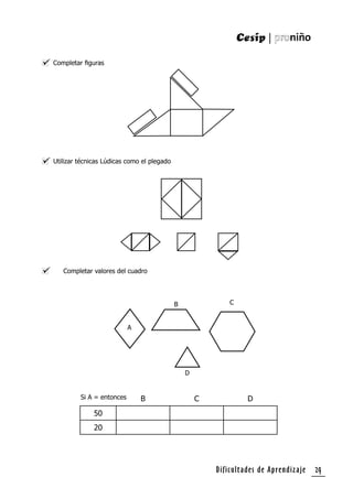Dificultades de Aprendizaje 29
Completar ﬁguras
Utilizar técnicas Lúdicas como el plegado
B C D
50
20
Si A = entonces
Completar valores del cuadro
CB
A
D
 