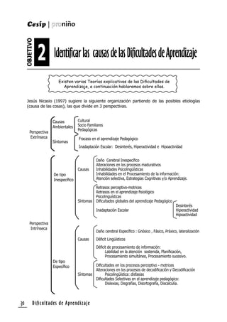 Dificultades de Aprendizaje30
Cultural
Socio Familiares
Pedagógicas
Fracaso en el aprendizaje Pedagógico
Inadaptación Escolar: Desinterés, Hiperactividad e Hipoactividad
Daño Cerebral Inespecíﬁco
Alteraciones en los procesos madurativos
Causas Inhabilidades Psicolingüísticas
Inhabilidades en el Procesamiento de la información:
Atención selectiva, Estrategias Cognitivas y/o Aprendizaje.
Retrasos perceptivo-motrices
Retrasos en el aprendizaje ﬁsiológico
Psicolinguísticas
Síntomas Diﬁcultades globales del aprendizaje Pedagógico
Desinterés
Inadaptación Escolar Hiperactividad
Hipoactividad
Daño cerebral Especíﬁco : Gnósico , Fásico, Práxico, lateralización
Causas Déﬁcit Lingüísticos
Déﬁcit de procesamiento de información:
Labilidad en la atención sostenida, Planiﬁcación,
Procesamiento simultáneo, Procesamiento sucesivo.
Diﬁcultades en los procesos perceptivo - motrices
Alteraciones en los procesos de decodiﬁcación y Decodiﬁcación
Síntomas Psicolingüística: disfasias
Diﬁcultades Selectivas en el aprendizaje pedagógico:
Dislexias, Disgrafías, Disortografía, Discalculía.
Perspectiva
Extrínseca
Perspectiva
Intrínseca
Causas
Ambientales
Síntomas
De tipo
Inespecíﬁco
De tipo
Especíﬁco
Existen varias Teorías explicativas de las Diﬁcultades de
Aprendizaje, a continuación hablaremos sobre ellas.
Jesús Nicasio (1997) sugiere la siguiente organización partiendo de las posibles etiologías
(causa de las cosas), las que divide en 3 perspectivas.
Identificarlas causasdelasDificultadesdeAprendizaje
OBJETIVO
2
 