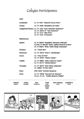 Colegios Participantes
CARITAS CEDER IDEL CESIP RED TITIKAKA PURIRISUN
Iquitos Arequipa Huancayo Lima Puno Cusco
Chiclayo
Trujillo
Piura
LIMA
Carabayllo I.E. Nº 8161 “Manuel Scorza Torre”
Comas I.E. Nº 2040 “República de Cuba”
Lurigancho-Chosica I.E. Nº 1205 “José Abelardo Quiñones”
I.E. Nº 20955-17 “San Francisco”
I.E. Nº 1223 “Alto Perú”
I.E. Nº 1224 “El Paraíso”
PROVINCIAS
Iquitos I.E. Nº 60056 “República Alemana Unificada”
C.E.P.M. Nº 601540 “Mons. Gabino Peral de la Torre”
I.E. Nº 60022 “Rvdo. Padre Diego Natal Juan”
Chiclayo I.E. “Cristo Rey”
Huancayo I.E. Nº 30554 “José C. Mariátegui”
Cusco I.E. “Viva el Perú”
I.E. Nº 50781 “Manco Cápac”
Trujillo I.E. Nº 80081 “Julio Gutiérrez Solari”
I.E. Nº 81773 “Simón Bolívar”
Arequipa I.E. Nº 40315 “José María Arguedas”
I.E. 40002 “Al Aire Libre”
Piura EPM 14037 Artemio Requena
Puno I.E. Nº 70018 “San José de Huaraya”
I.E.S.C. Nº 45 - “Emilio Romero Padilla”
 