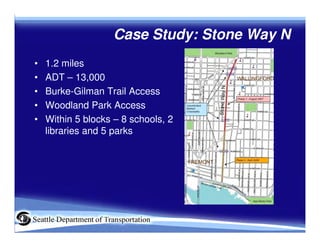 Stone Way N: 85th Percentile Speed

• Speed limit 30
• 85th percentile was 37
  mph prior to
  rechannelization
• Dropped ...