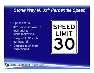 Stone Way N: Motor Vehicle Volume
• ADT Dropped 6%
  (consistent with citywide
  trend between 2006-08)
• Peak Hour volume...