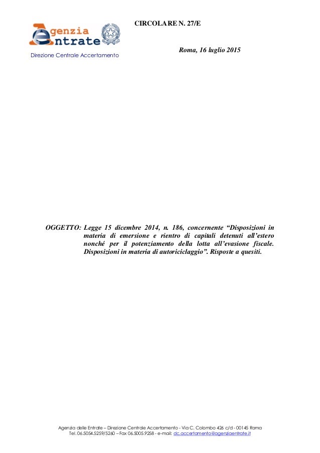 La Circolare 27E dell'Agenzia delle Entrate
