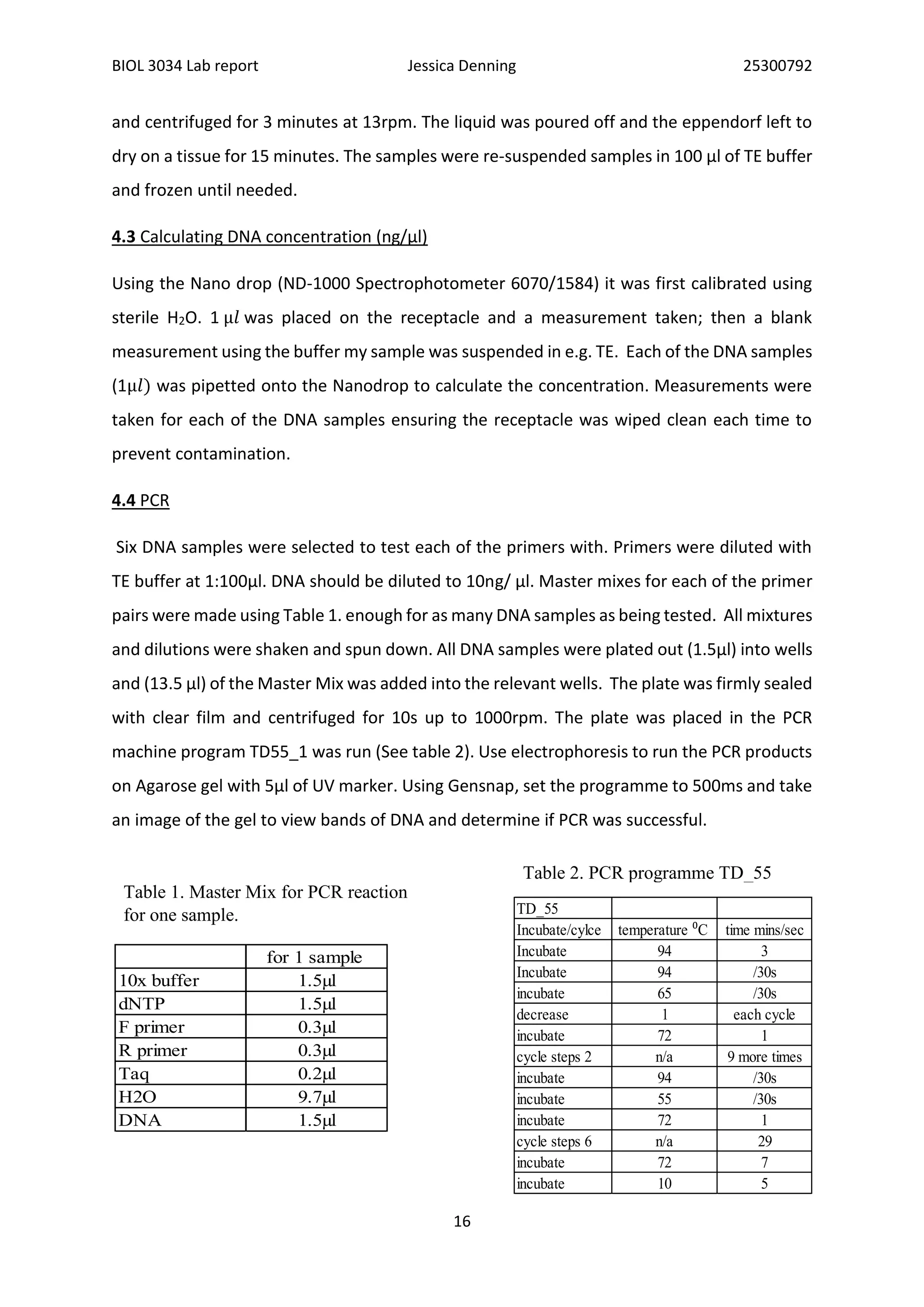 BIOL 3034 Lab report Jessica Denning 25300792
16
and centrifuged for 3 minutes at 13rpm. The liquid was poured off and the eppendorf left to
dry on a tissue for 15 minutes. The samples were re-suspended samples in 100 µl of TE buffer
and frozen until needed.
4.3 Calculating DNA concentration (ng/µl)
Using the Nano drop (ND-1000 Spectrophotometer 6070/1584) it was first calibrated using
sterile H2O. 1 µ𝑙 was placed on the receptacle and a measurement taken; then a blank
measurement using the buffer my sample was suspended in e.g. TE. Each of the DNA samples
(1µ𝑙) was pipetted onto the Nanodrop to calculate the concentration. Measurements were
taken for each of the DNA samples ensuring the receptacle was wiped clean each time to
prevent contamination.
4.4 PCR
Six DNA samples were selected to test each of the primers with. Primers were diluted with
TE buffer at 1:100µl. DNA should be diluted to 10ng/ µl. Master mixes for each of the primer
pairs were made using Table 1. enough for as many DNA samples as being tested. All mixtures
and dilutions were shaken and spun down. All DNA samples were plated out (1.5µl) into wells
and (13.5 µl) of the Master Mix was added into the relevant wells. The plate was firmly sealed
with clear film and centrifuged for 10s up to 1000rpm. The plate was placed in the PCR
machine program TD55_1 was run (See table 2). Use electrophoresis to run the PCR products
on Agarose gel with 5µl of UV marker. Using Gensnap, set the programme to 500ms and take
an image of the gel to view bands of DNA and determine if PCR was successful.
for 1 sample
10x buffer 1.5µl
dNTP 1.5µl
F primer 0.3µl
R primer 0.3µl
Taq 0.2µl
H2O 9.7µl
DNA 1.5µl
Table 1. Master Mix for PCR reaction
for one sample. TD_55
Incubate/cylce temperature ⁰C time mins/sec
Incubate 94 3
Incubate 94 /30s
incubate 65 /30s
decrease 1 each cycle
incubate 72 1
cycle steps 2 n/a 9 more times
incubate 94 /30s
incubate 55 /30s
incubate 72 1
cycle steps 6 n/a 29
incubate 72 7
incubate 10 5
Table 2. PCR programme TD_55
 