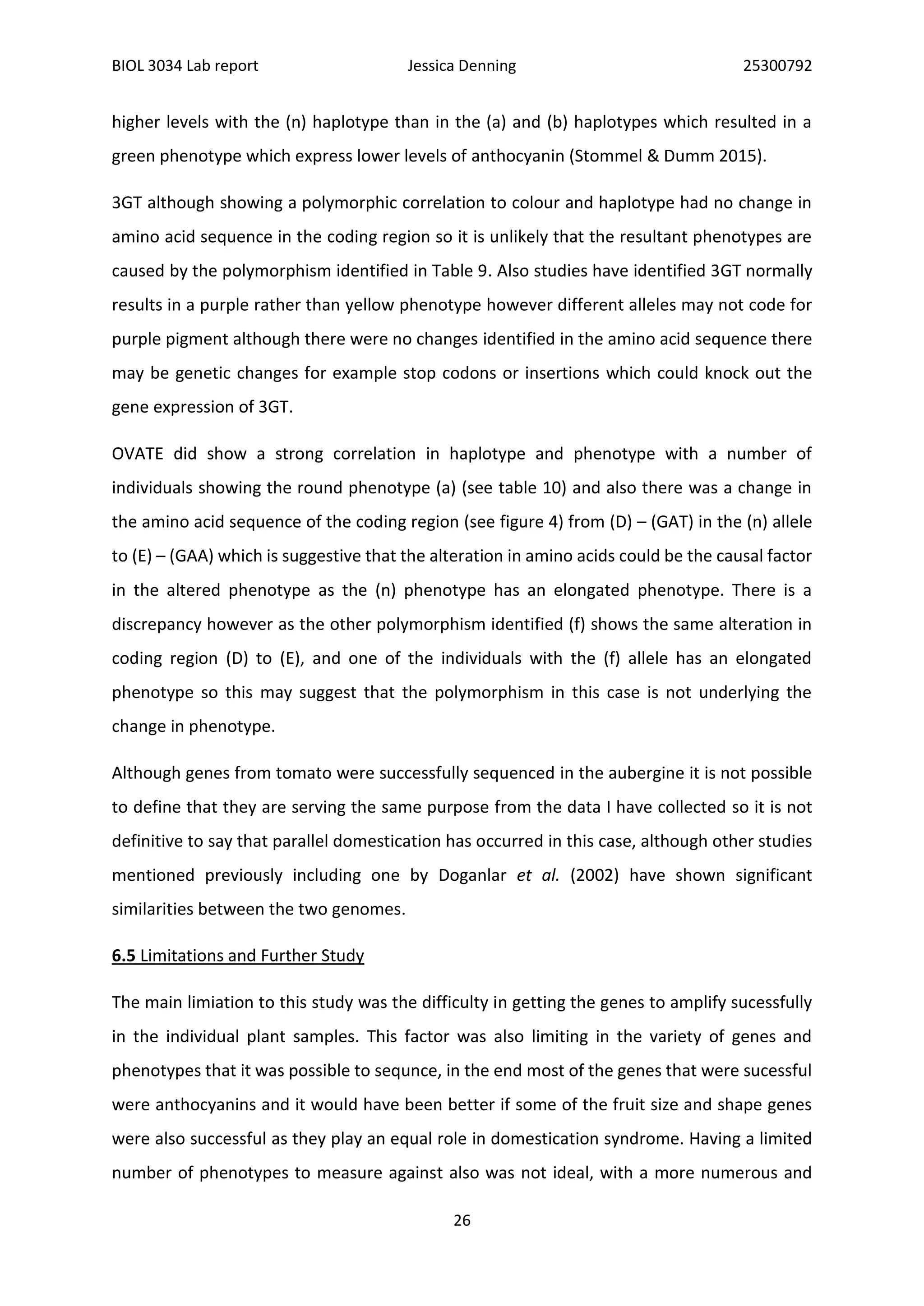 BIOL 3034 Lab report Jessica Denning 25300792
26
higher levels with the (n) haplotype than in the (a) and (b) haplotypes which resulted in a
green phenotype which express lower levels of anthocyanin (Stommel & Dumm 2015).
3GT although showing a polymorphic correlation to colour and haplotype had no change in
amino acid sequence in the coding region so it is unlikely that the resultant phenotypes are
caused by the polymorphism identified in Table 9. Also studies have identified 3GT normally
results in a purple rather than yellow phenotype however different alleles may not code for
purple pigment although there were no changes identified in the amino acid sequence there
may be genetic changes for example stop codons or insertions which could knock out the
gene expression of 3GT.
OVATE did show a strong correlation in haplotype and phenotype with a number of
individuals showing the round phenotype (a) (see table 10) and also there was a change in
the amino acid sequence of the coding region (see figure 4) from (D) – (GAT) in the (n) allele
to (E) – (GAA) which is suggestive that the alteration in amino acids could be the causal factor
in the altered phenotype as the (n) phenotype has an elongated phenotype. There is a
discrepancy however as the other polymorphism identified (f) shows the same alteration in
coding region (D) to (E), and one of the individuals with the (f) allele has an elongated
phenotype so this may suggest that the polymorphism in this case is not underlying the
change in phenotype.
Although genes from tomato were successfully sequenced in the aubergine it is not possible
to define that they are serving the same purpose from the data I have collected so it is not
definitive to say that parallel domestication has occurred in this case, although other studies
mentioned previously including one by Doganlar et al. (2002) have shown significant
similarities between the two genomes.
6.5 Limitations and Further Study
The main limiation to this study was the difficulty in getting the genes to amplify sucessfully
in the individual plant samples. This factor was also limiting in the variety of genes and
phenotypes that it was possible to sequnce, in the end most of the genes that were sucessful
were anthocyanins and it would have been better if some of the fruit size and shape genes
were also successful as they play an equal role in domestication syndrome. Having a limited
number of phenotypes to measure against also was not ideal, with a more numerous and
 