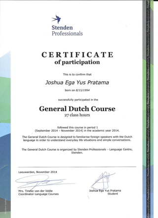 General Dutch Course Certificate of Participation