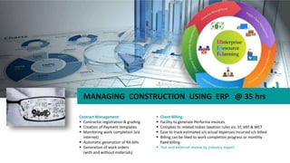 Contract Management:
 Contractor registration & grading
 Creation of Payment templates
 Monitoring work completion (via
Internet)
 Automatic generation of RA bills
 Generation of work orders
(with and without materials)
MANAGING CONSTRUCTION USING ERP @ 35 hrs
 Client Billing:
 Facility to generate Performa invoices
 Complies to related Indian taxation rules viz. ST, VAT & WCT
 Ease to track estimated v/s actual expenses incurred v/s billed
 Billing can be liked to work completion progress or monthly
fixed billing
 Test and external review by industry expert
 
